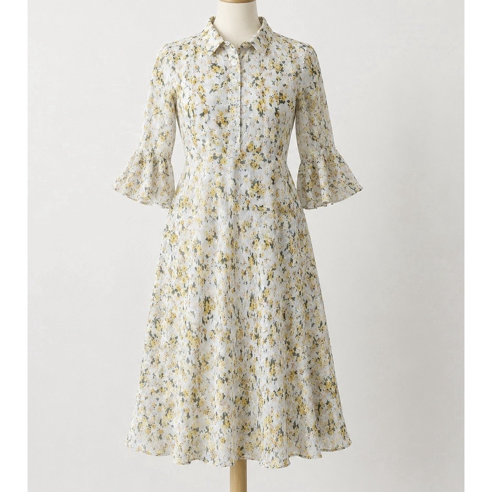 Vintage Handmade Yellow Floral Cottagecore Midi Dress Sheer Chiffon Romantic M